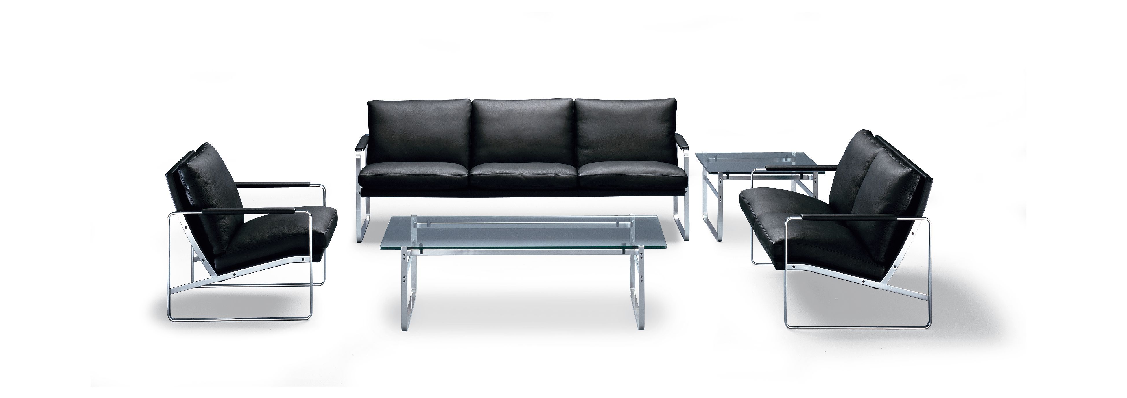 Schwarzes 710 Fabricius Sofa von Walter Knoll, 2-Sitzer und 3-Sitzer mit Glas-Couchtisch.