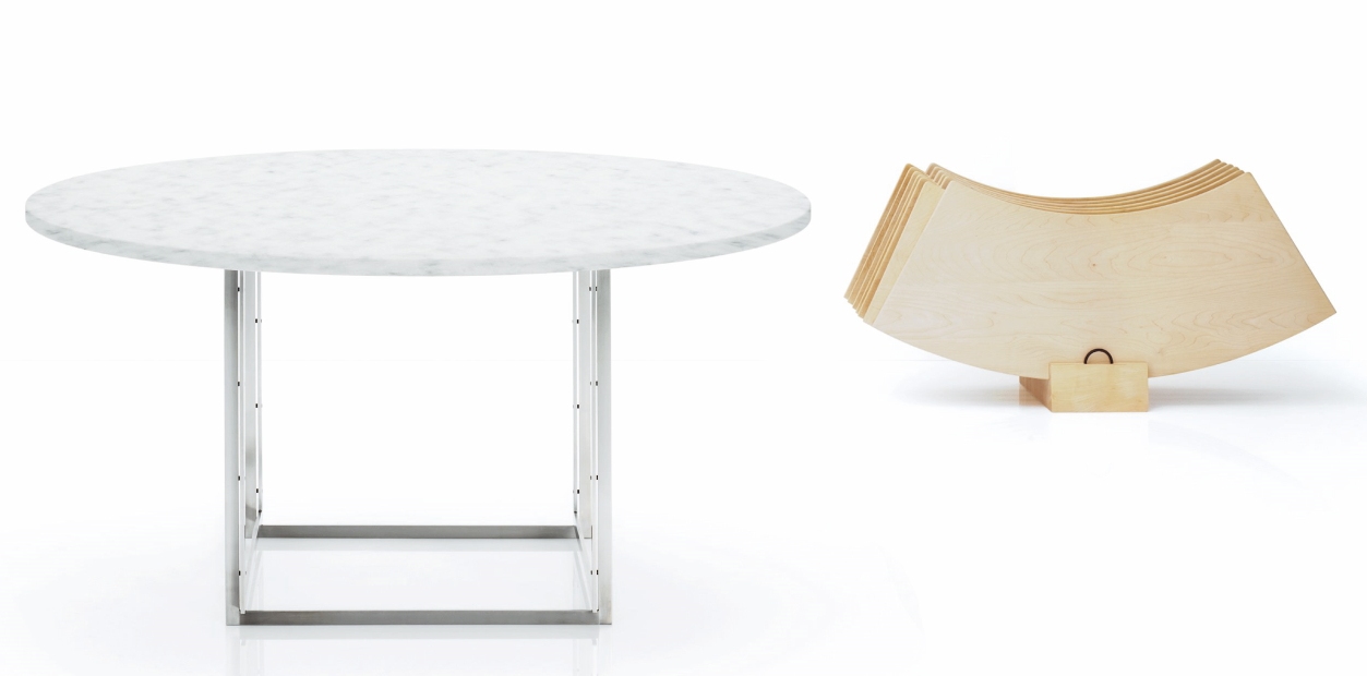 PK54 Esstisch von Fritz Hansen mit runder Marmorplatte und Stahlgestell, daneben Holzsegmente.