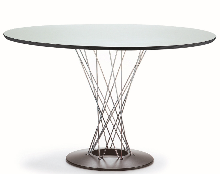 Runder Esstisch Noguchi mit weißer Tischplatte und verchromtem Drahtgestell. Design Tisch.