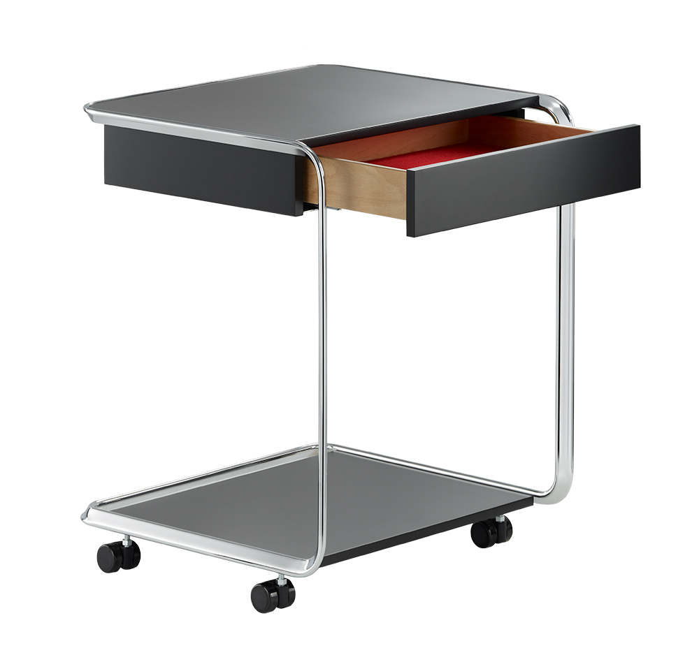 K3CR Beistelltisch von Tecta, H60cm, mit offener Schublade und Rollen. Moderner, schwarzer Nachttisch.