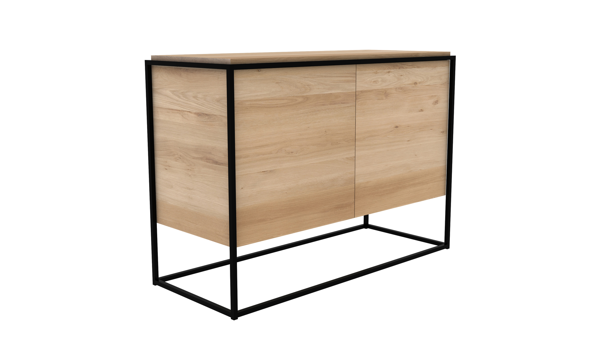 Monolit Sideboard aus Eiche mit schwarzem Metallgestell von Ethnicraft. Modernes Möbelstück für Wohnzimmer.