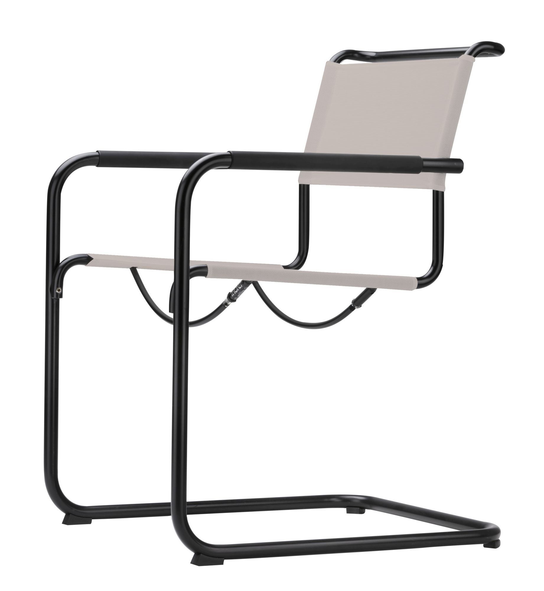 Schwarzer Thonet S 34 N Freischwinger für den Außenbereich mit beigem Stoffbezug, seitliche Ansicht.