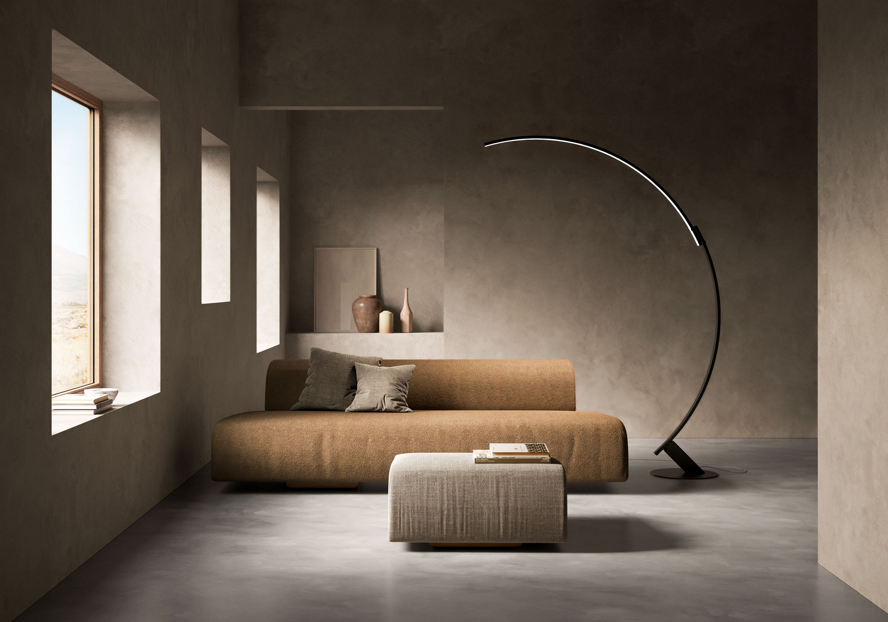 Kyudo Stehleuchte von Kdln in modernem Wohnzimmer mit Sofa und Fenster. Design Lampe.