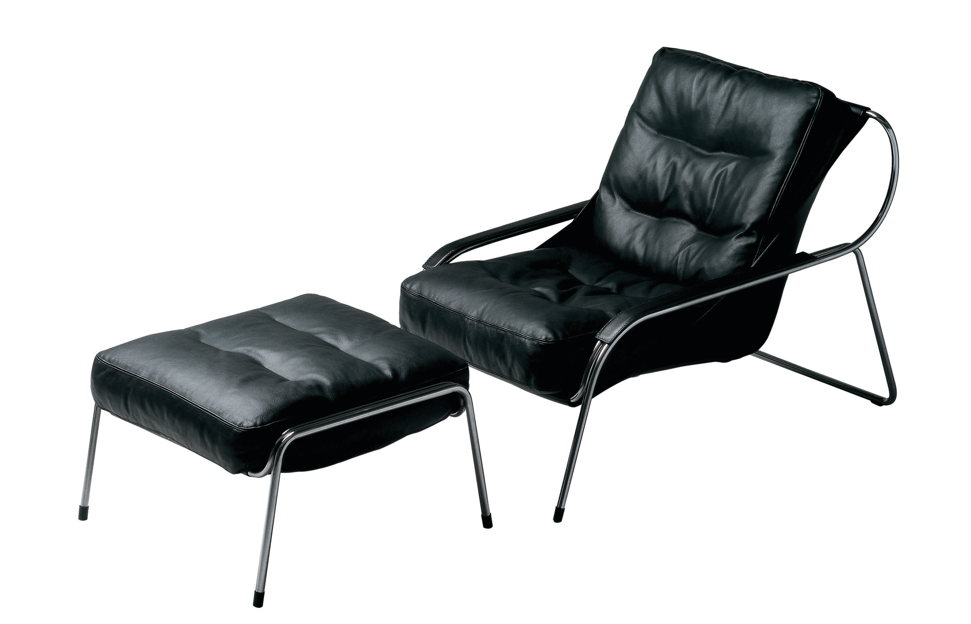 Schwarzer Maggiolina Sessel mit Hocker von Zanotta, Lederpolster und verchromtem Stahlgestell.
