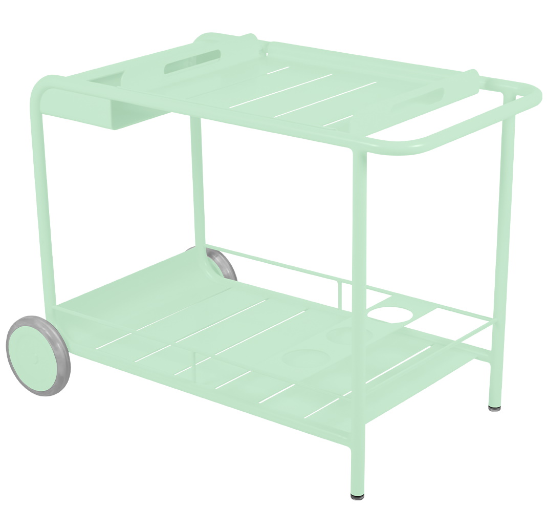 Opalgrüner Fermob Servierwagen für den Outdoor-Bereich mit zwei Ablageflächen und Rollen.