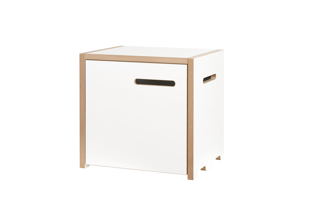 Tojo Halbstark Grundmodul mit Tür links, weißes Regalmöbel aus Holz, modernes Design.