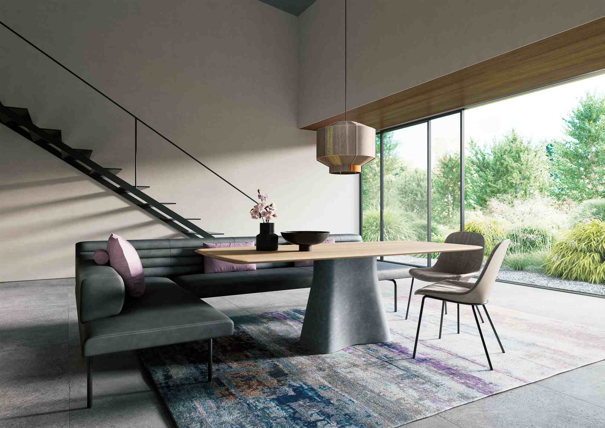 Moderner Temno Esstisch von Walter Knoll mit Sitzbank und Stühlen in hellem Wohnraum.