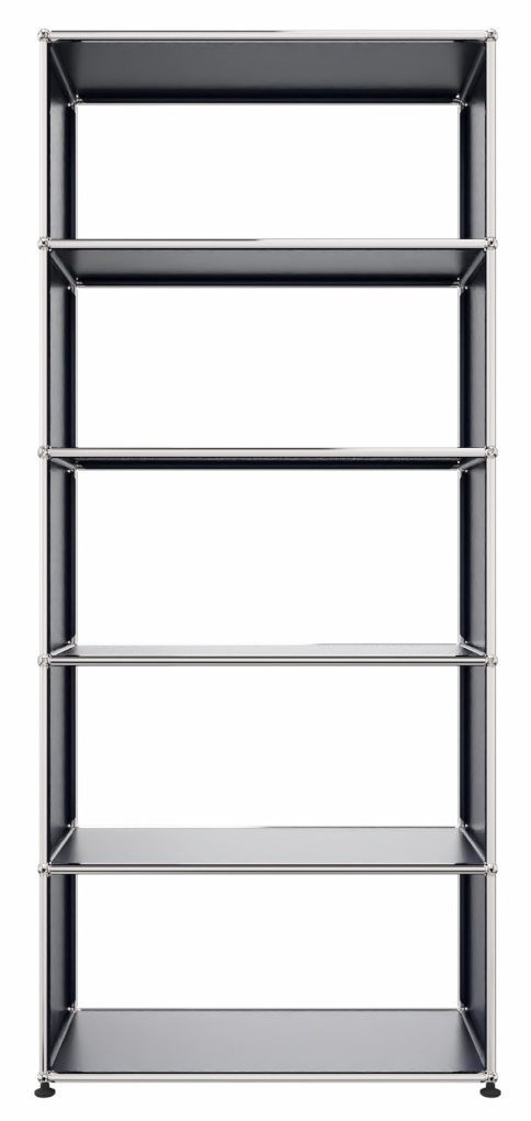 USM Haller Regal in Stahlblau mit fünf Fächern und verchromtem Gestell, modernes modulares Möbeldesign.