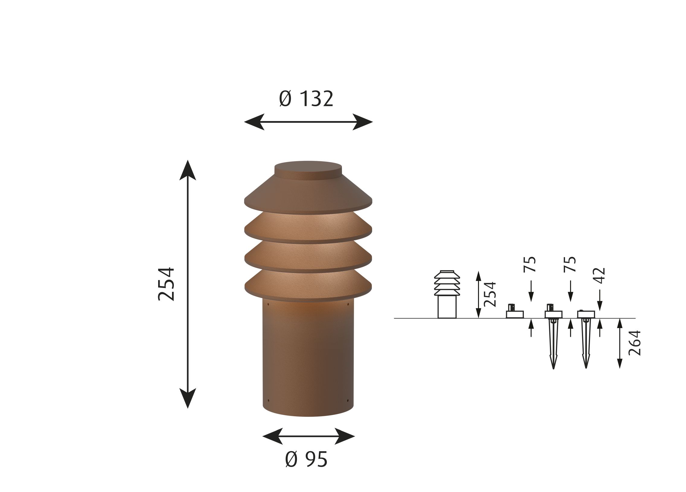 Technische Zeichnung der Bysted Garden Pollerleuchte von Louis Poulsen mit Maßangaben.