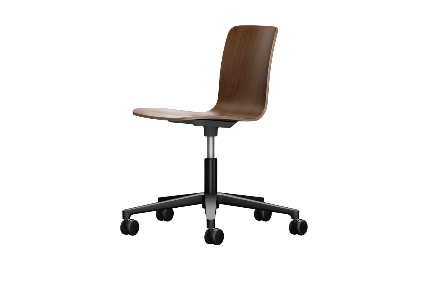 Vitra Hal Ply Studio Drehstuhl mit Holzschale und schwarzem Drehfuß auf Rollen.