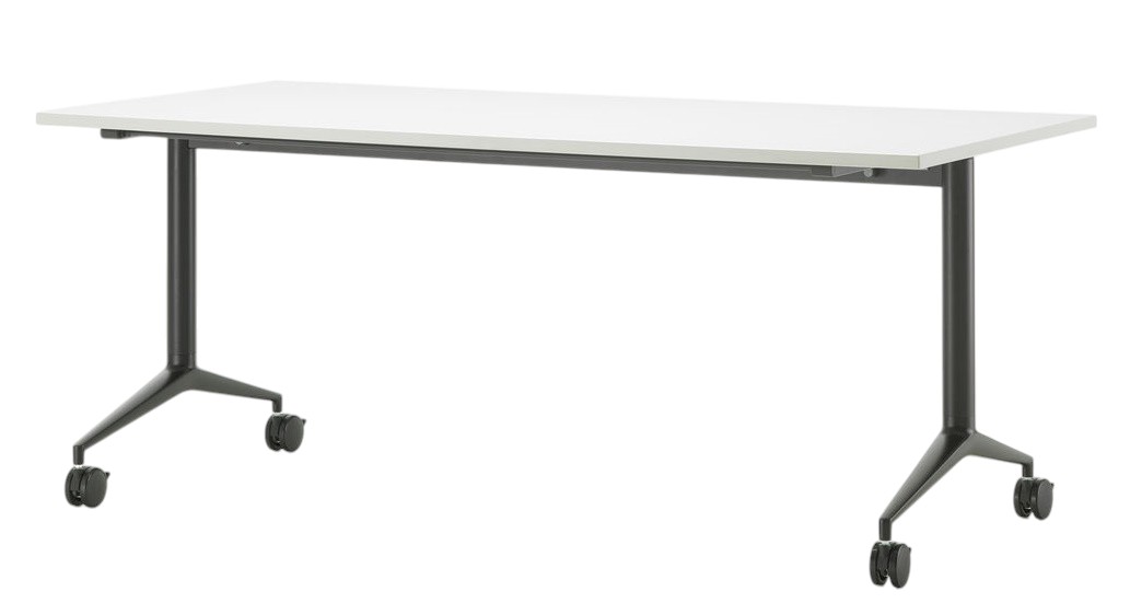 Vitra MedaMorph Klapptisch mit weißer Tischplatte und schwarzem Gestell auf Rollen.