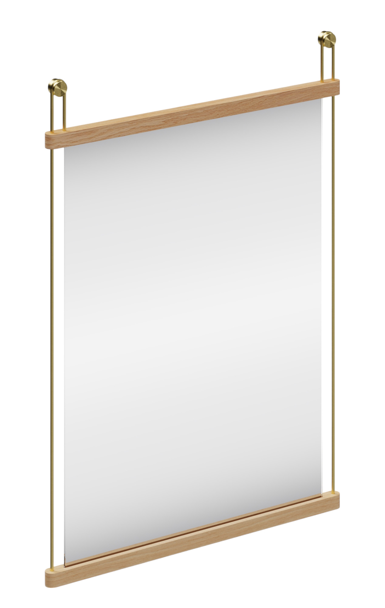 Woud Suspended Mirror Small: Rechteckiger Wandspiegel mit hellem Holzrahmen und goldenen Aufhängungen.