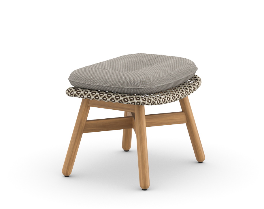 Dedon Mbrace Hocker mit Polster: Bequemer Outdoor Hocker aus Teakholz mit grauem Kissen.
