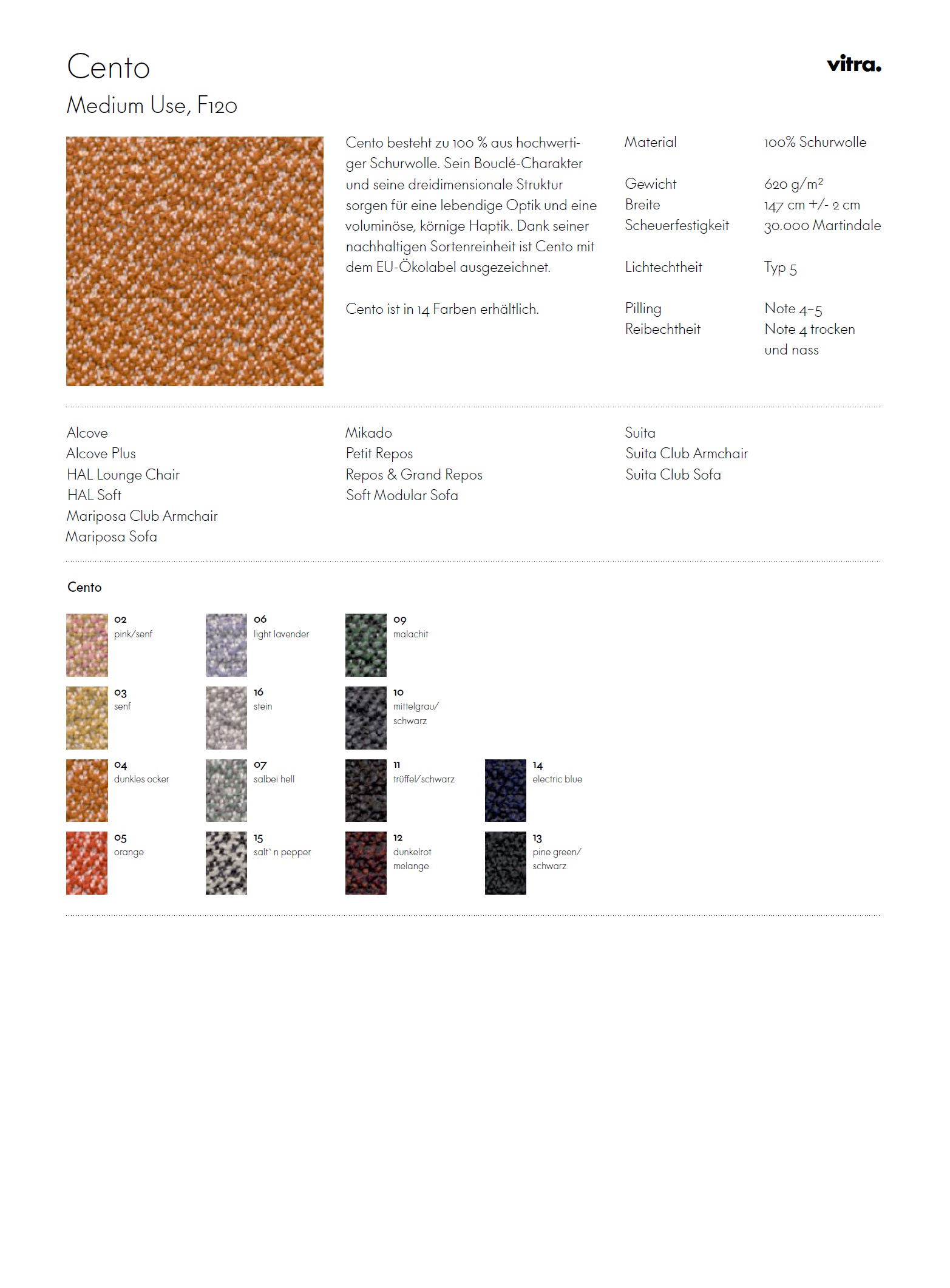 Stoffmusterkarte Cento von Vitra, verschiedene Farben und Texturen für Möbelstoffe aus Schurwolle.