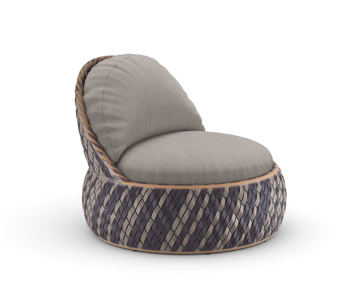 Dala Lounge Sessel mit grauem Polster von Dedon, geflochtene Optik für Garten und Terrasse.