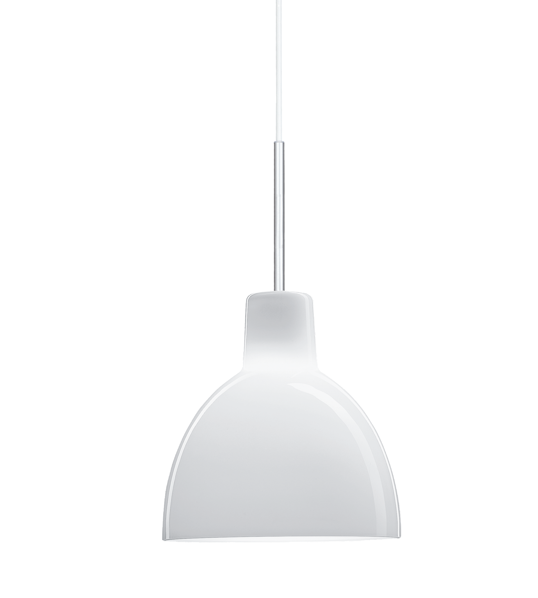 Nahaufnahme der Louis Poulsen Toldbod Pendelleuchte aus Glas, modernes skandinavisches Design für Wohn- und Esszimmer.