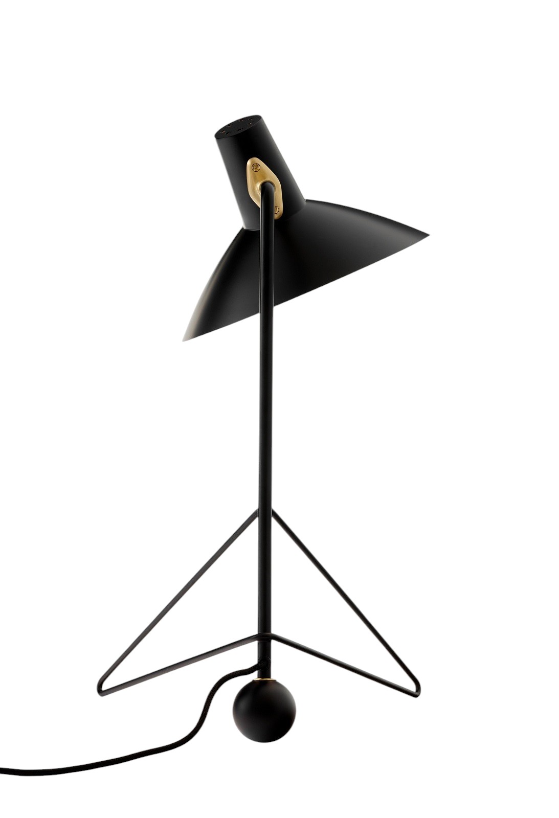 AndTradition Tripod HM9 Tischleuchte in Schwarz mit dreibeinigem Gestell und konischem Lampenschirm.