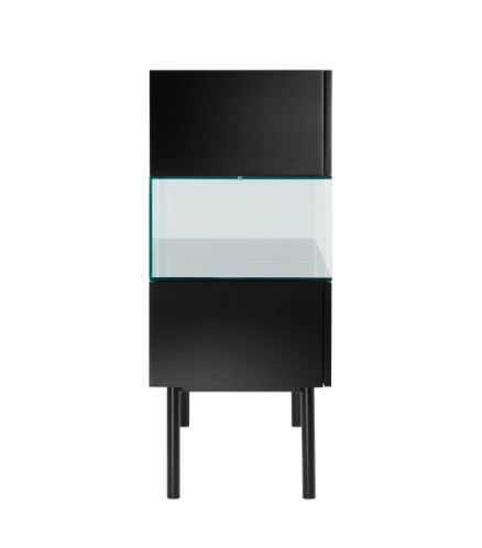 Schwarze S4 Vitrine von Tecta mit Glasfach, modernes Design für Wohnzimmer und Ausstellungen.