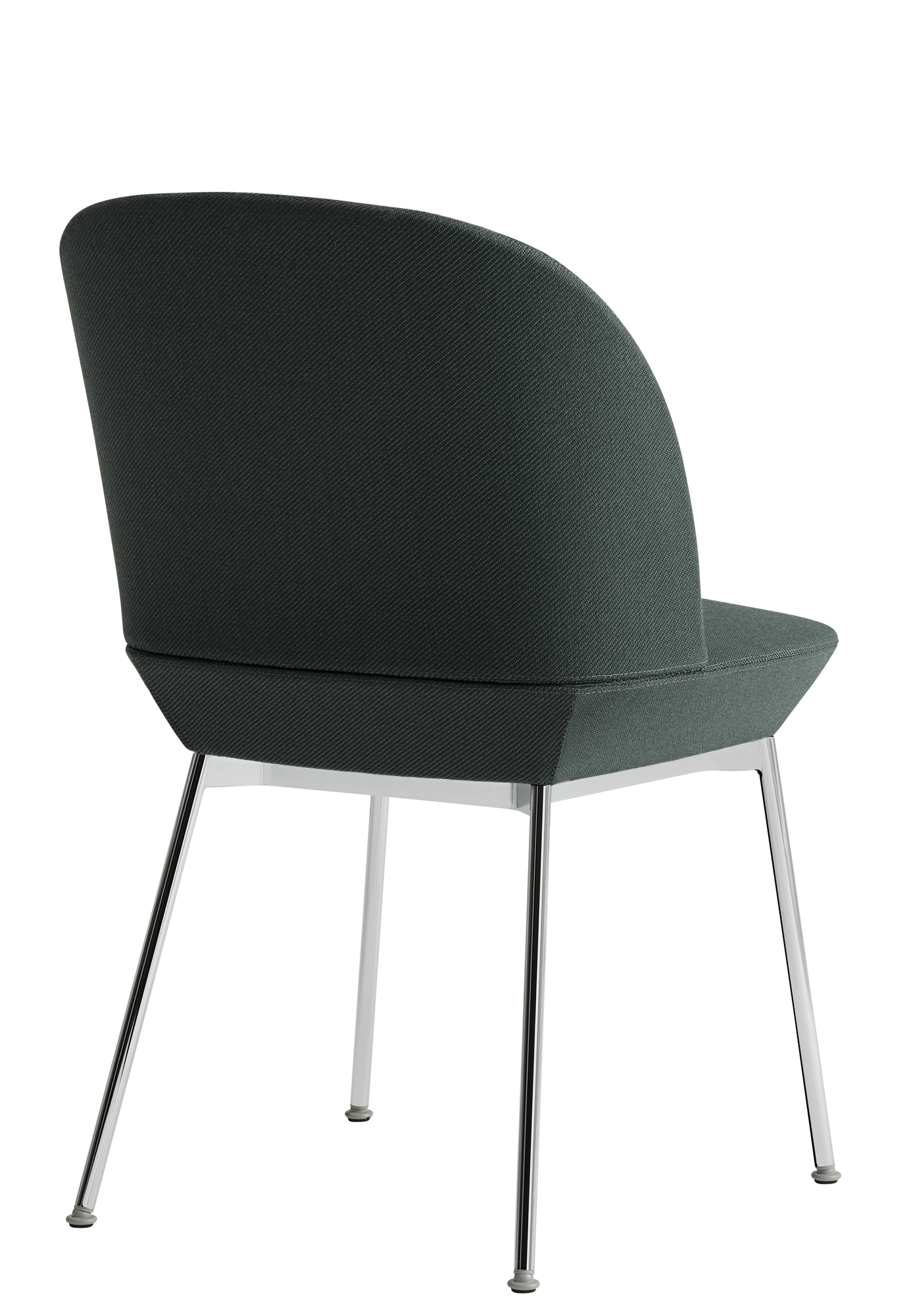 Rückansicht des Oslo Side Chair Stuhls von Muuto mit grauem Stoffbezug und Chromgestell.