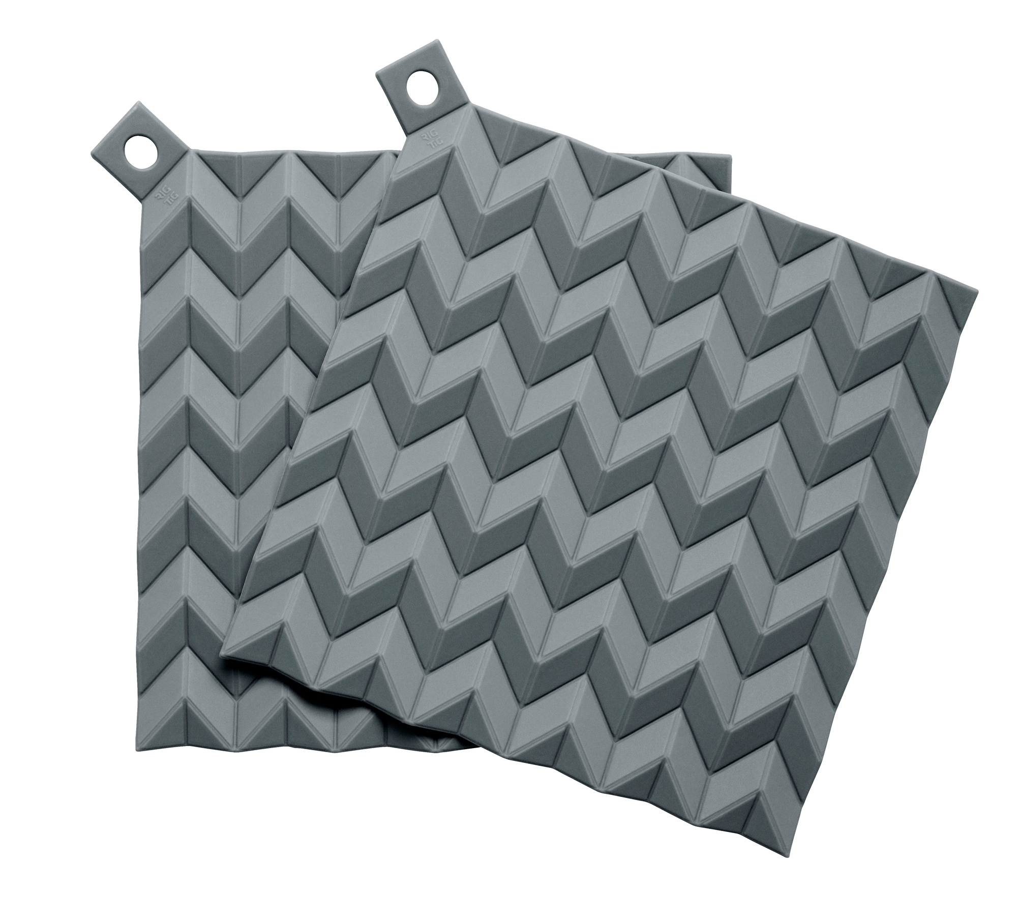 Zwei blaue RIG-TIG by Stelton Hold-On Topflappen mit Zickzackmuster und Aufhängeloch. Küchenhelfer für heiße Töpfe.