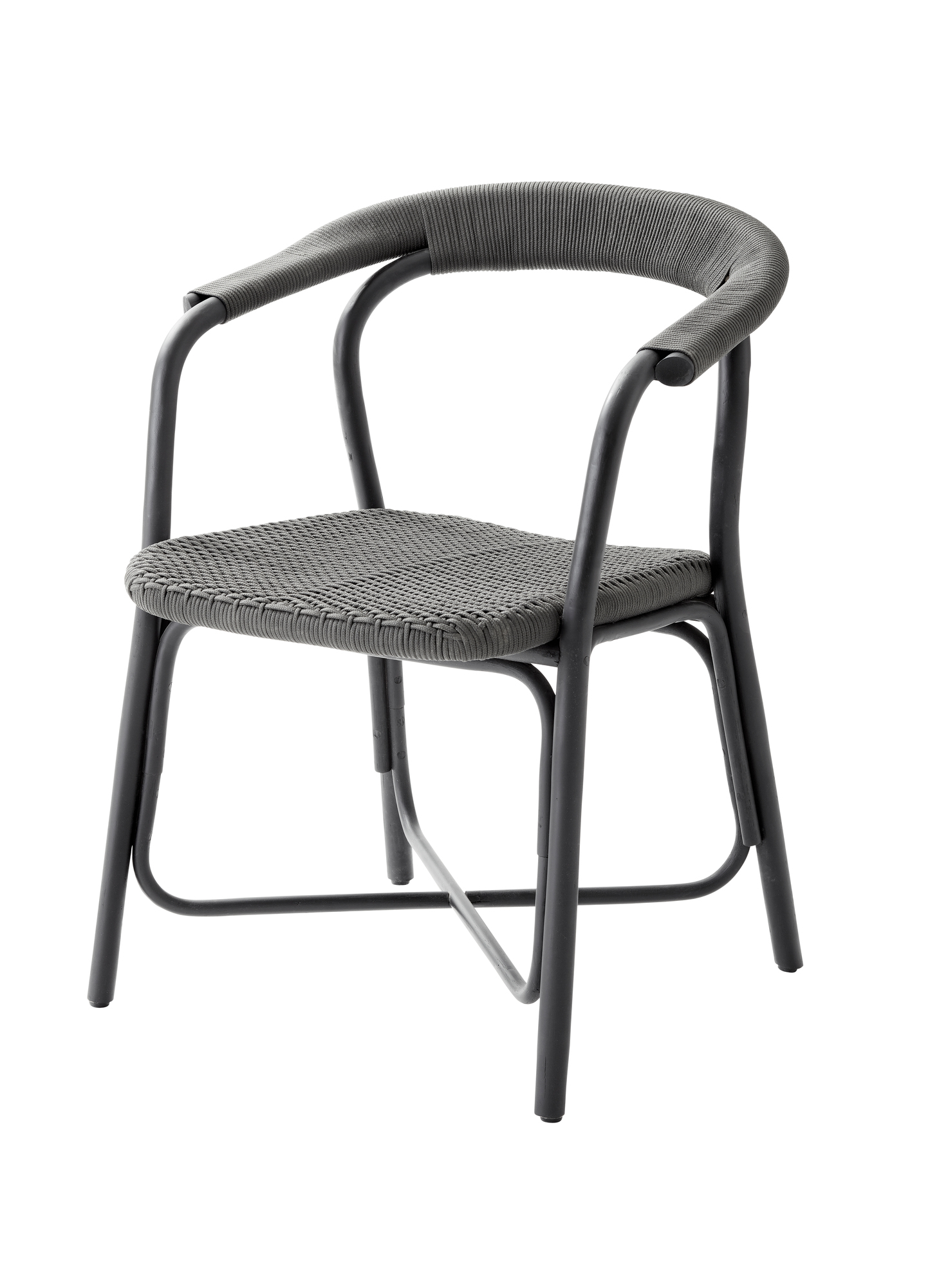 Grauer Cane-Line Noble Stuhl mit Armlehnen und geflochtener Sitzfläche, modernes Design für Garten und Terrasse.