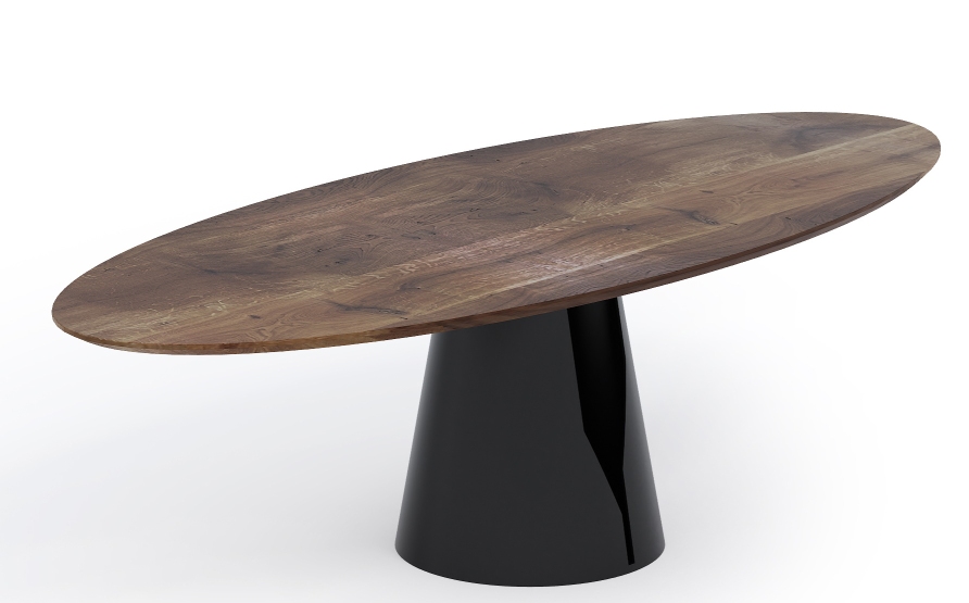 Mono Tisch mit ovaler Tischplatte aus Holz und schwarzem, glänzendem Fuß. Moderner Esstisch.