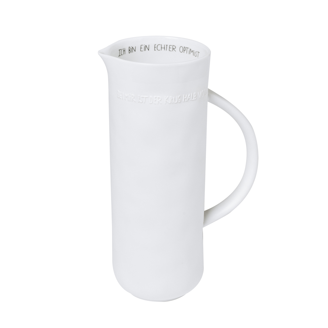 Weißer Krug mit Henkel und Aufschrift "Ich bin ein echter Optimist", Räder Guten Morgen Krug.
