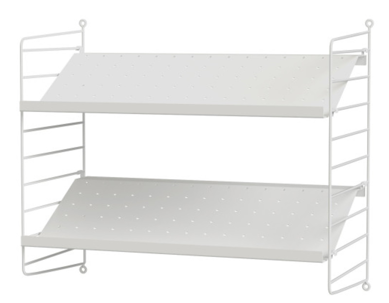 Weißes String Regal mit zwei Böden für Flur oder Wohnzimmer.