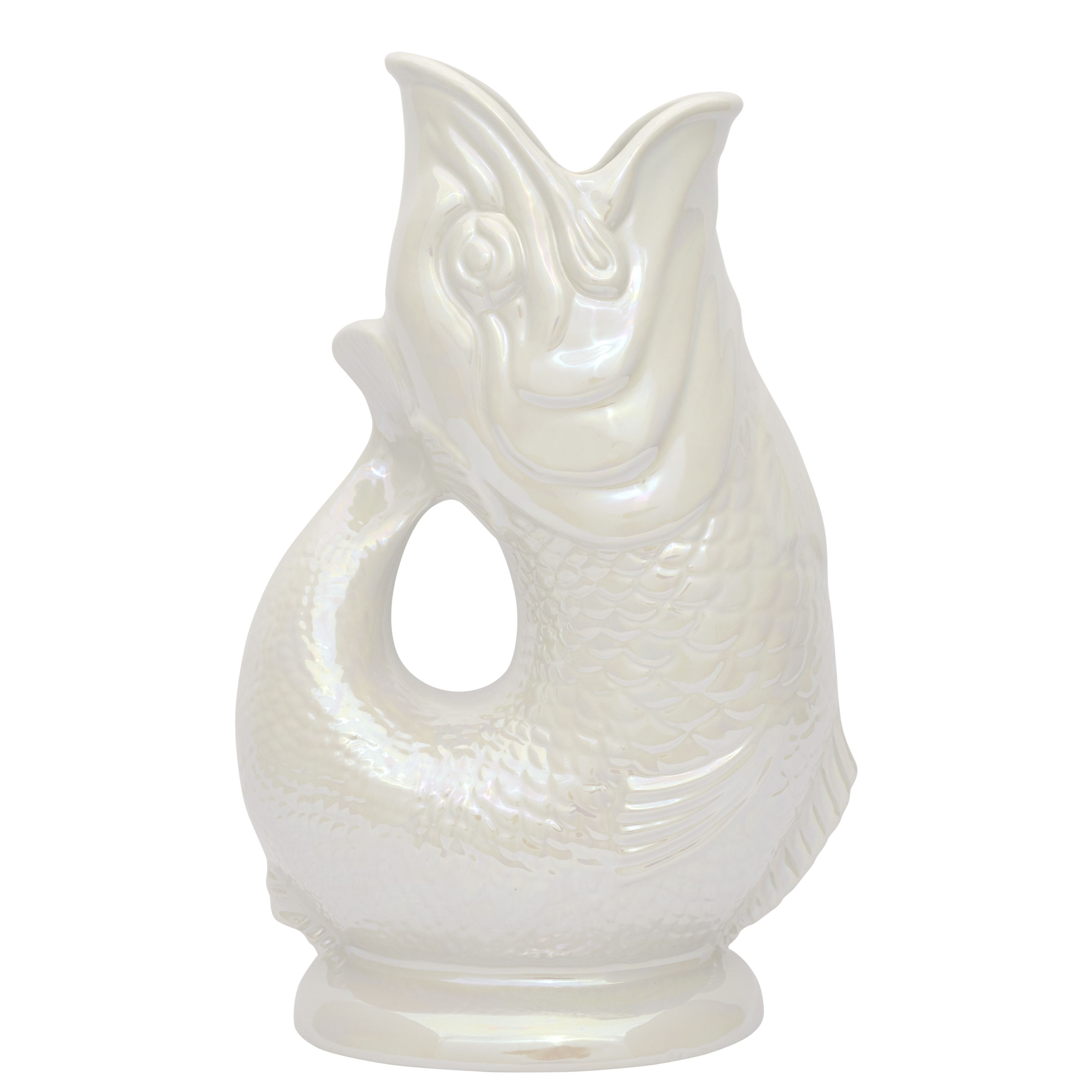 Gluckigluck Karaffe Mother of Pearl: Keramik Wasserkaraffe in Fischform mit schimmernder Oberfläche.