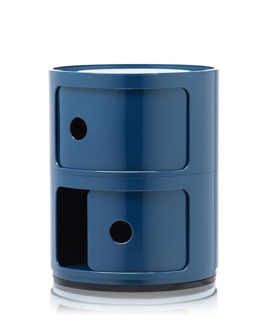 Blauer Kartell Componibili 2er Container: Modulares Aufbewahrungselement mit zwei Fächern und runden Schiebetüren.