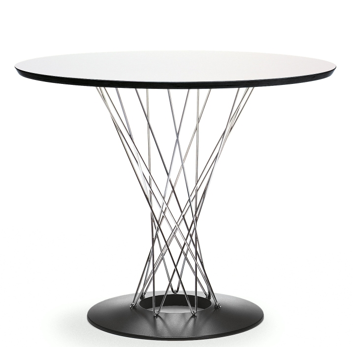 Weißer runder Esstisch, Design Tisch, Vitra Noguchi Tisch mit verchromtem Drahtgestell.