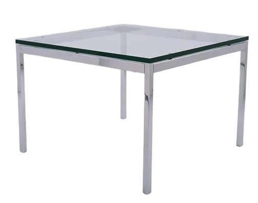 Florence Couchtisch von Knoll International: Quadratischer, niedriger Tisch mit Glasplatte und Chromgestell.