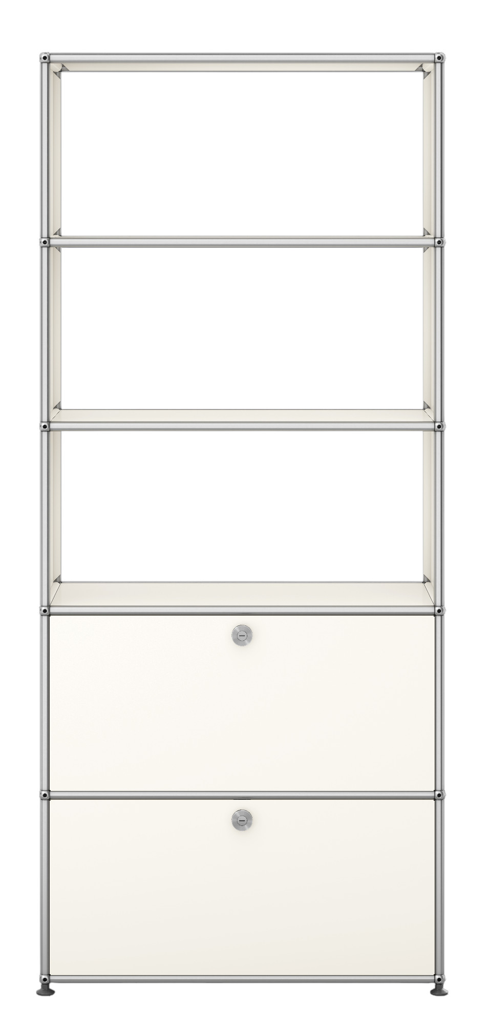 USM Haller Regal in Reinweiß mit zwei Klappen, modulare Möbel für stilvolle Wohnraumgestaltung.