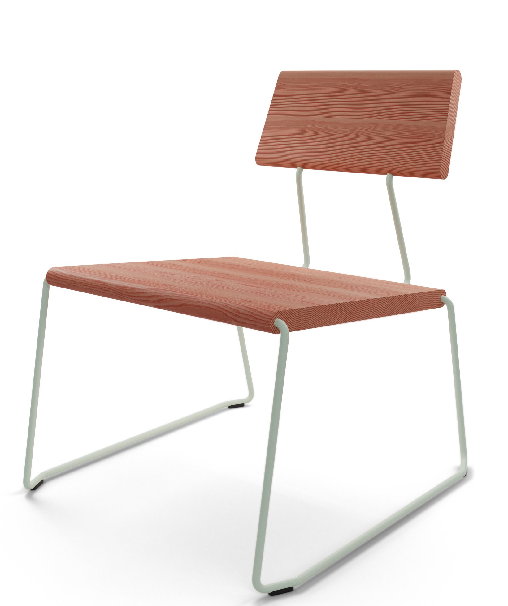 D:007 Loungechair Melone Fuchs & Habicht: Moderner Holzstuhl mit hellgrünem Metallgestell, minimalistisches Design.