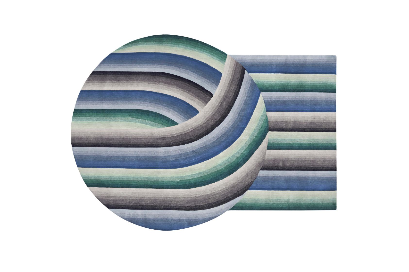 Blauer Mirage Teppich mit Streifen in Kreis- und Rechteckform, modernes Design für Wohnzimmer.