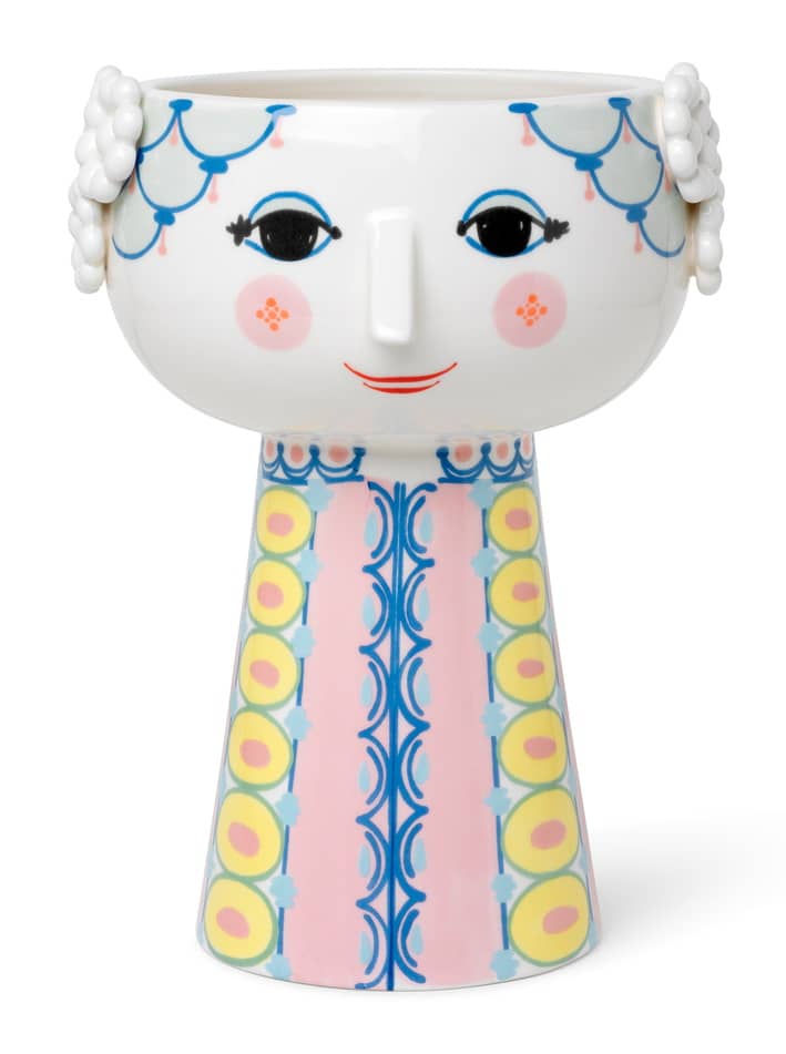 Pinke Eva Vase von Bjorn Wiinblad, H 23 cm, mit Gesicht und dekorativem Muster.