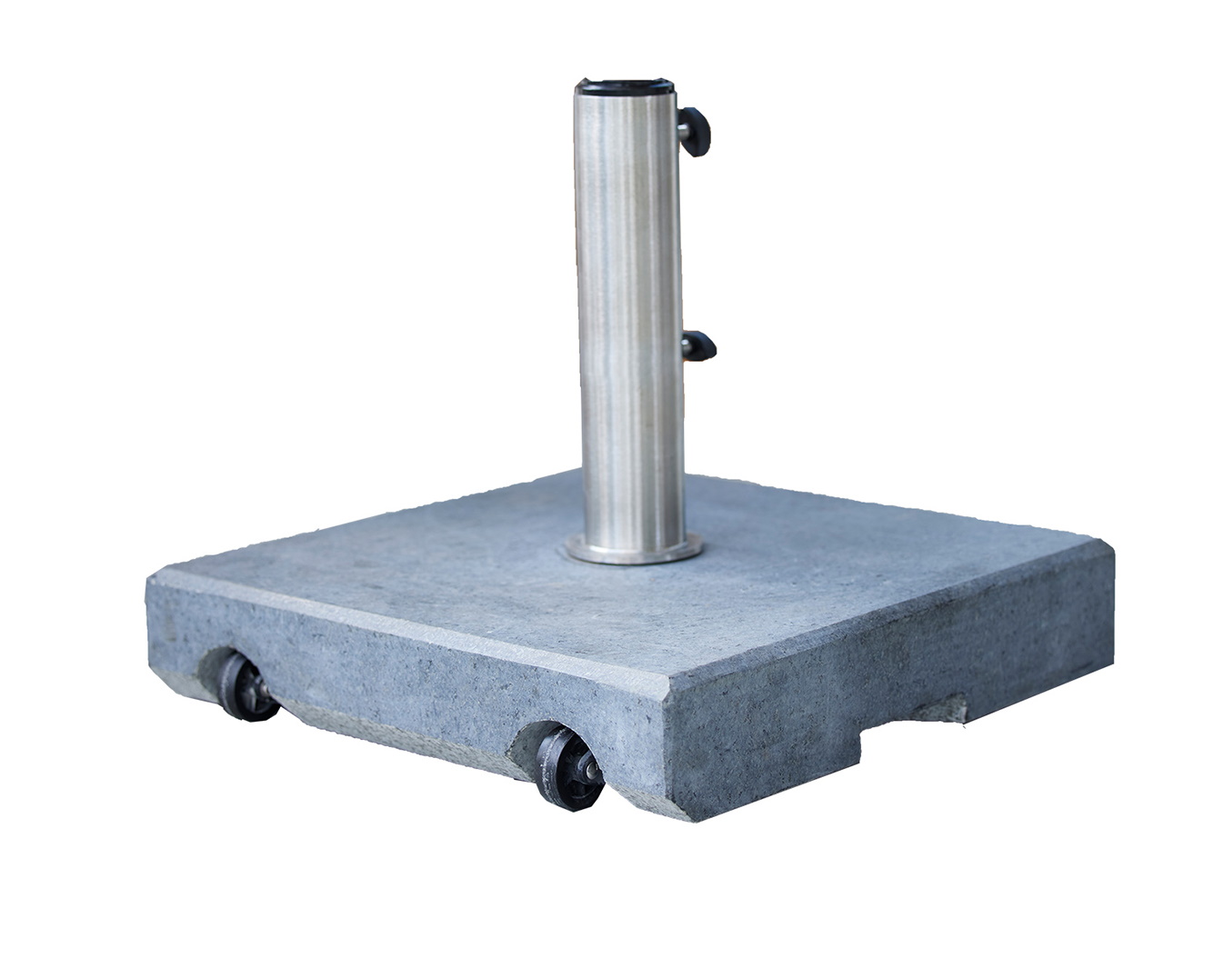 Cane-Line Sonnenschirmfuß mit Rädern, 50 kg, aus grauem Beton mit Edelstahlrohr.