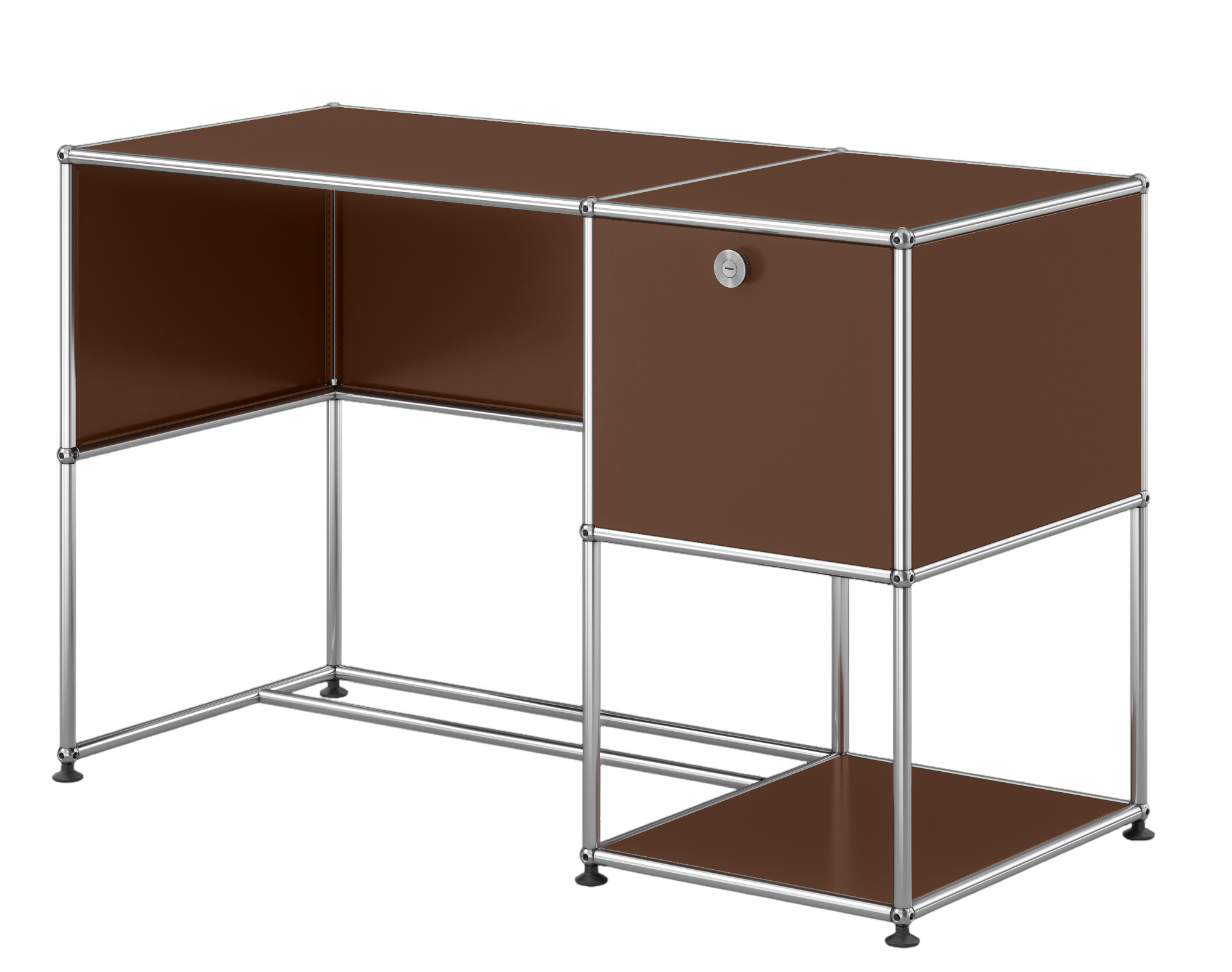 USM Haller Schreibtisch in Braun mit einem Schubladenelement und verchromtem Stahlrohrgestell.