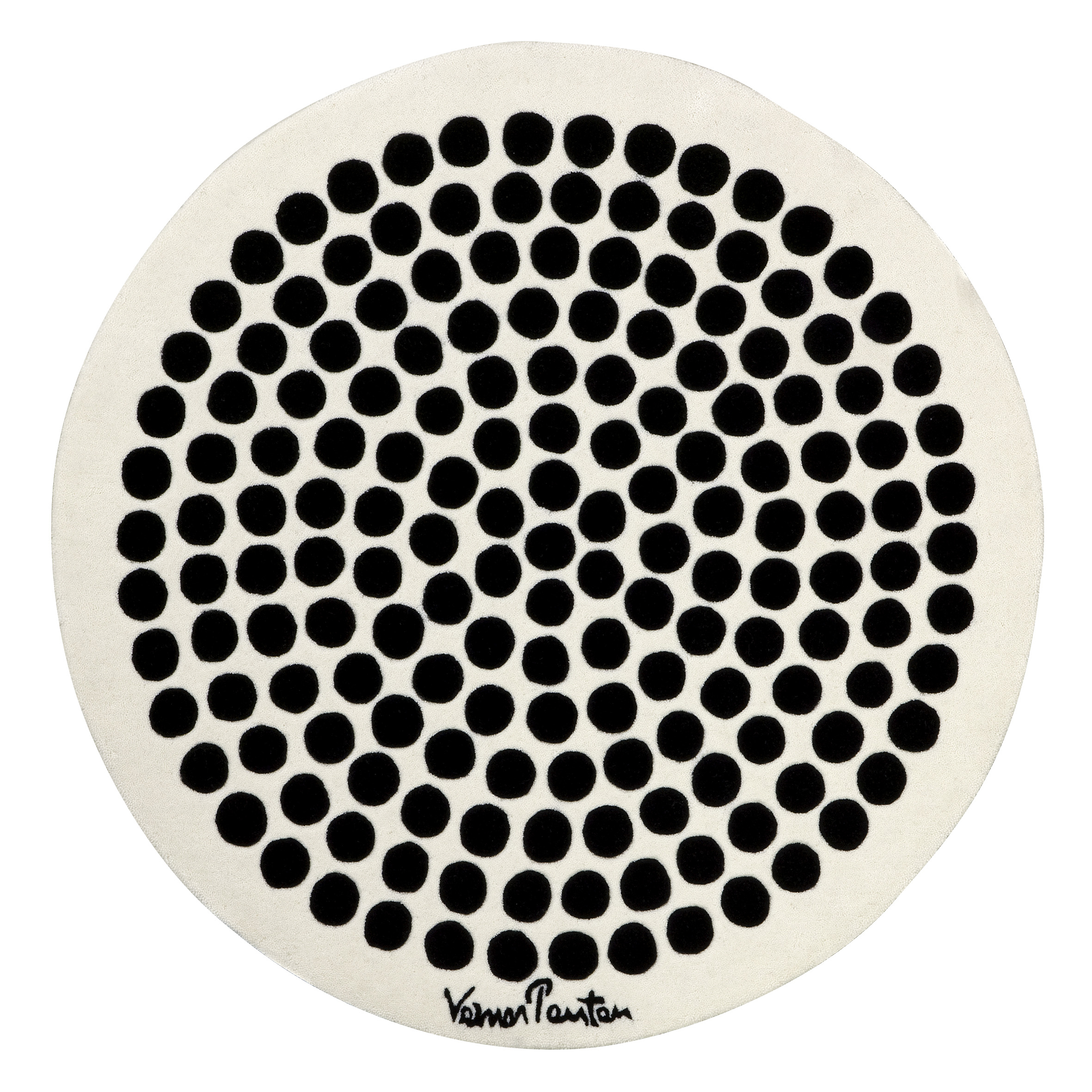 Runder Panton Teppich mit schwarzem Punktmuster auf weißem Grund, ein Designerteppich für Wohnräume.