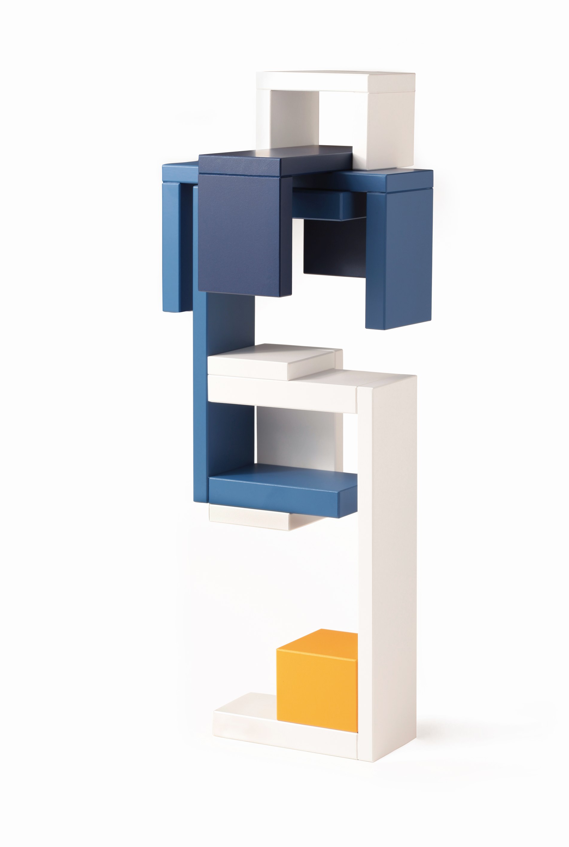 Bauhaus Corus Steckspiel: Abstraktes, buntes Holzspielzeug mit blauen, weißen und gelben Bausteinen.