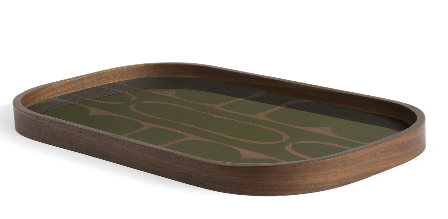 Rechteckiges Second Nature Tablett von Ethnicraft aus Holz mit grünem Muster.