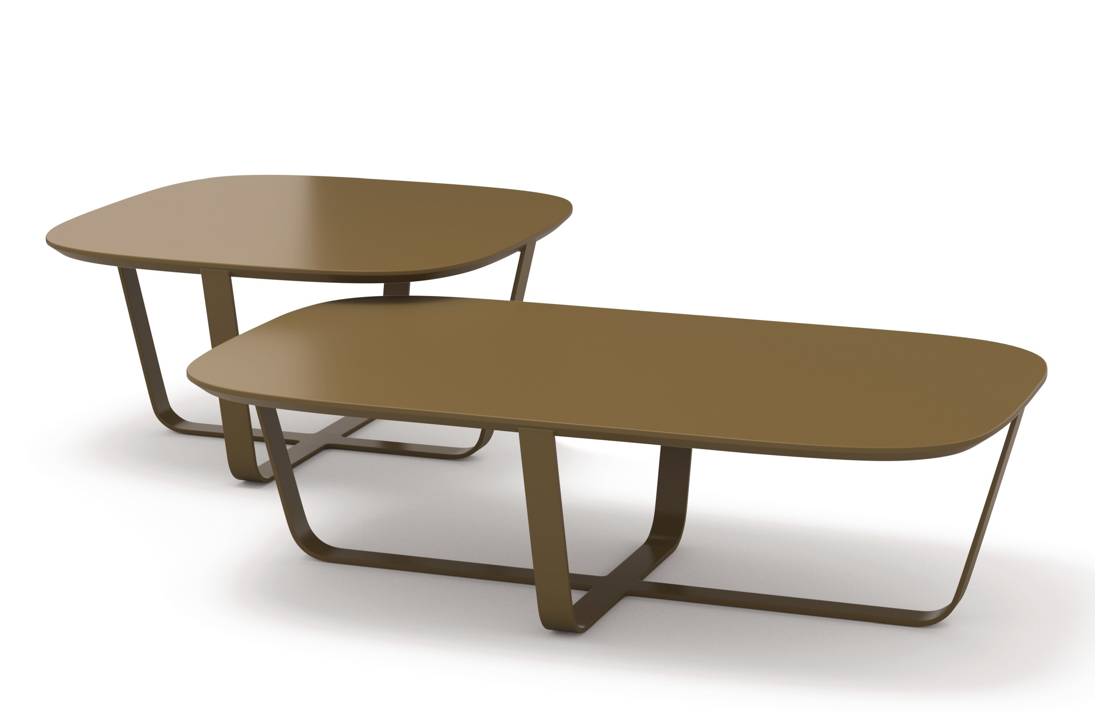 Nook Beistelltisch von Cor, zwei moderne Couchtische in Braun mit abgerundeten Ecken.