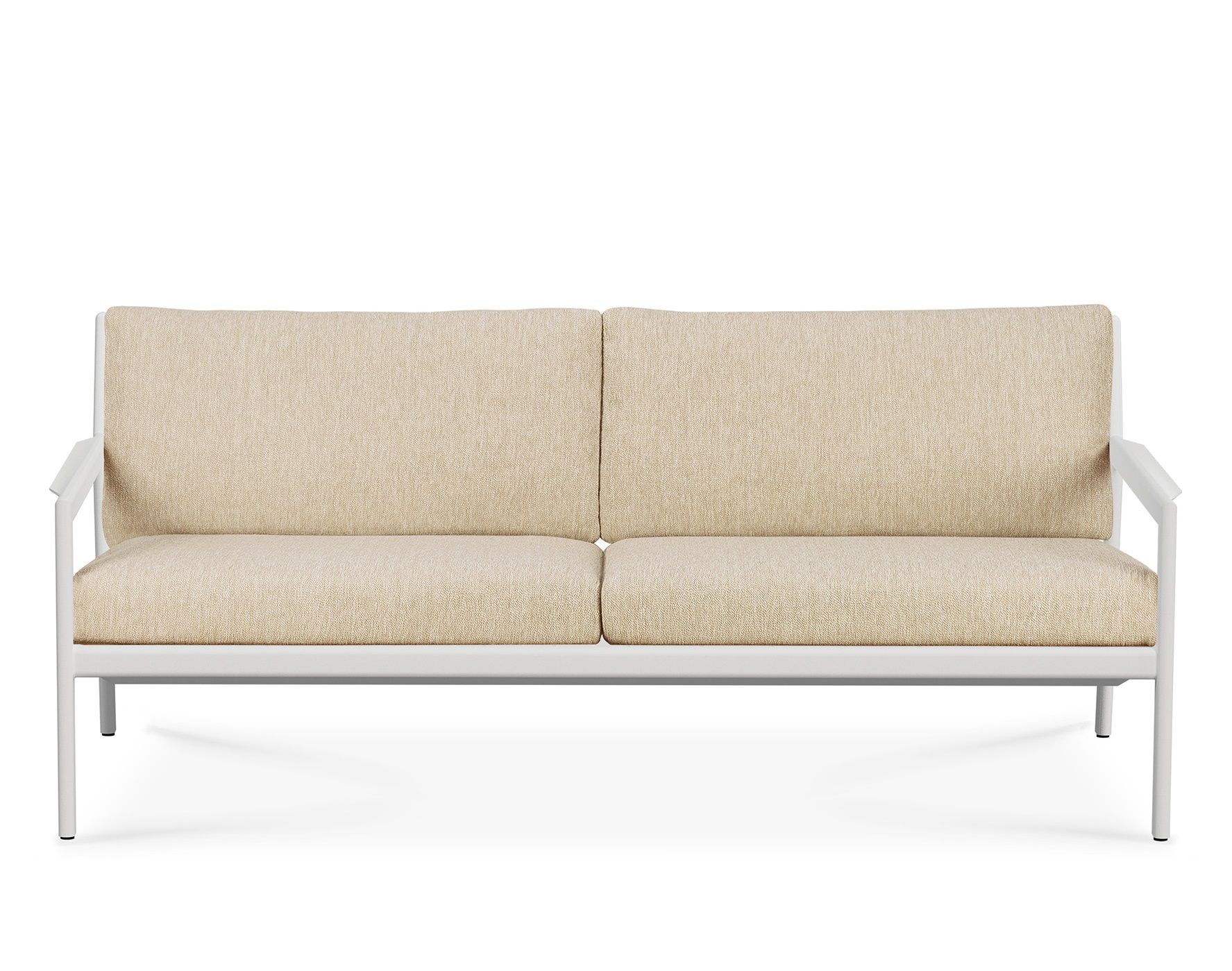 Jack Outdoor Sofa von Ethnicraft, 2-Sitzer mit weißem Aluminiumrahmen und beigen Kissen.