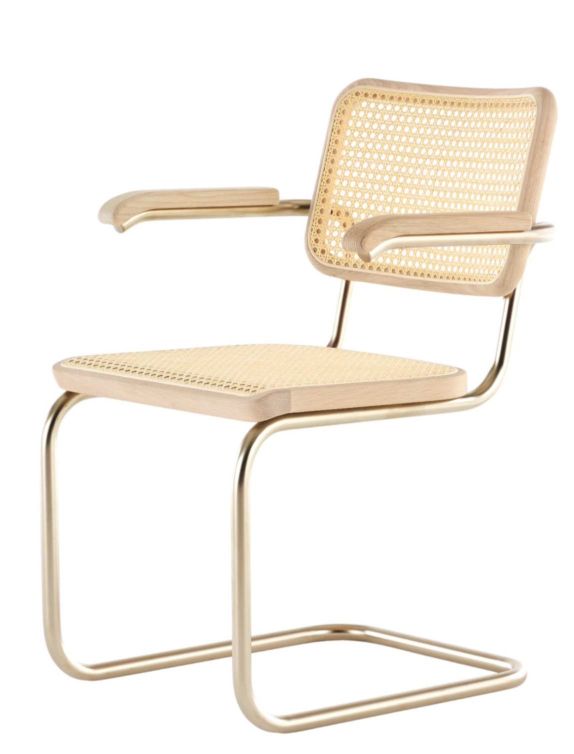 JS. Thonet Freischwinger S 64 V mit Wiener Geflecht, Holzrahmen und Armlehnen. Designklassiker.