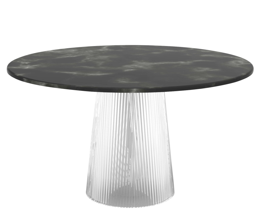 Runder Bent Dining Table von Pulpo mit grauer Tischplatte und transparentem Fuß.