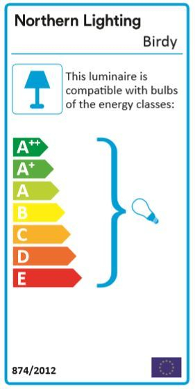 Energieeffizienzklassen für Birdy Stehleuchte von Northern Lighting, kompatible Leuchtmittel von A++ bis E.
