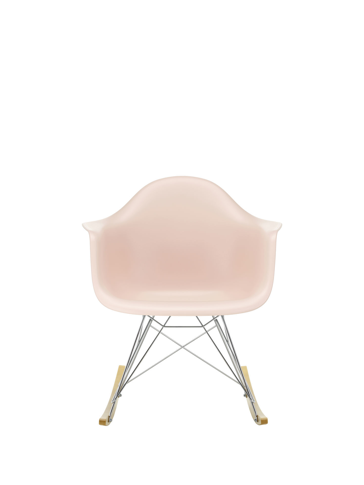 Vitra Eames RAR Schaukelstuhl mit Ahorn-Kufen und hellrosa Sitzschale, Frontansicht. Designklassiker für Wohnzimmer.