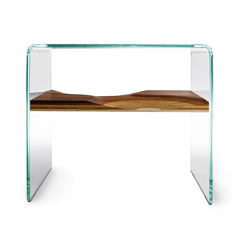 Bifronte Beistelltisch: Moderner Glastisch mit Holzablage, ideal als Nachttisch oder kleiner Ablagetisch.
