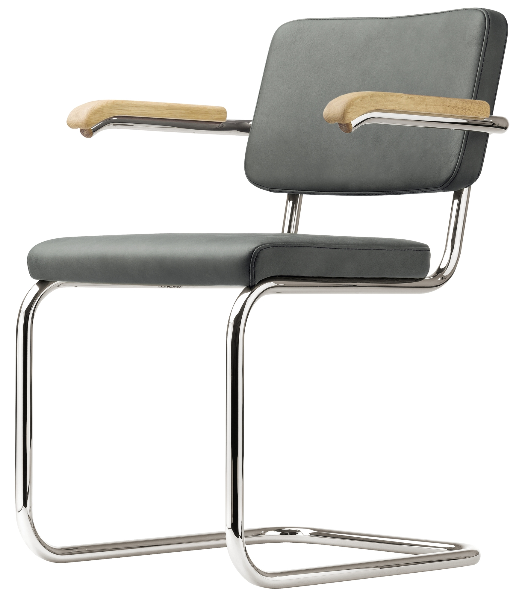 S 64 PV Thonet Freischwinger mit Stahlrohrgestell, grauem Leder und Holzarmlehnen, klassisches Design.