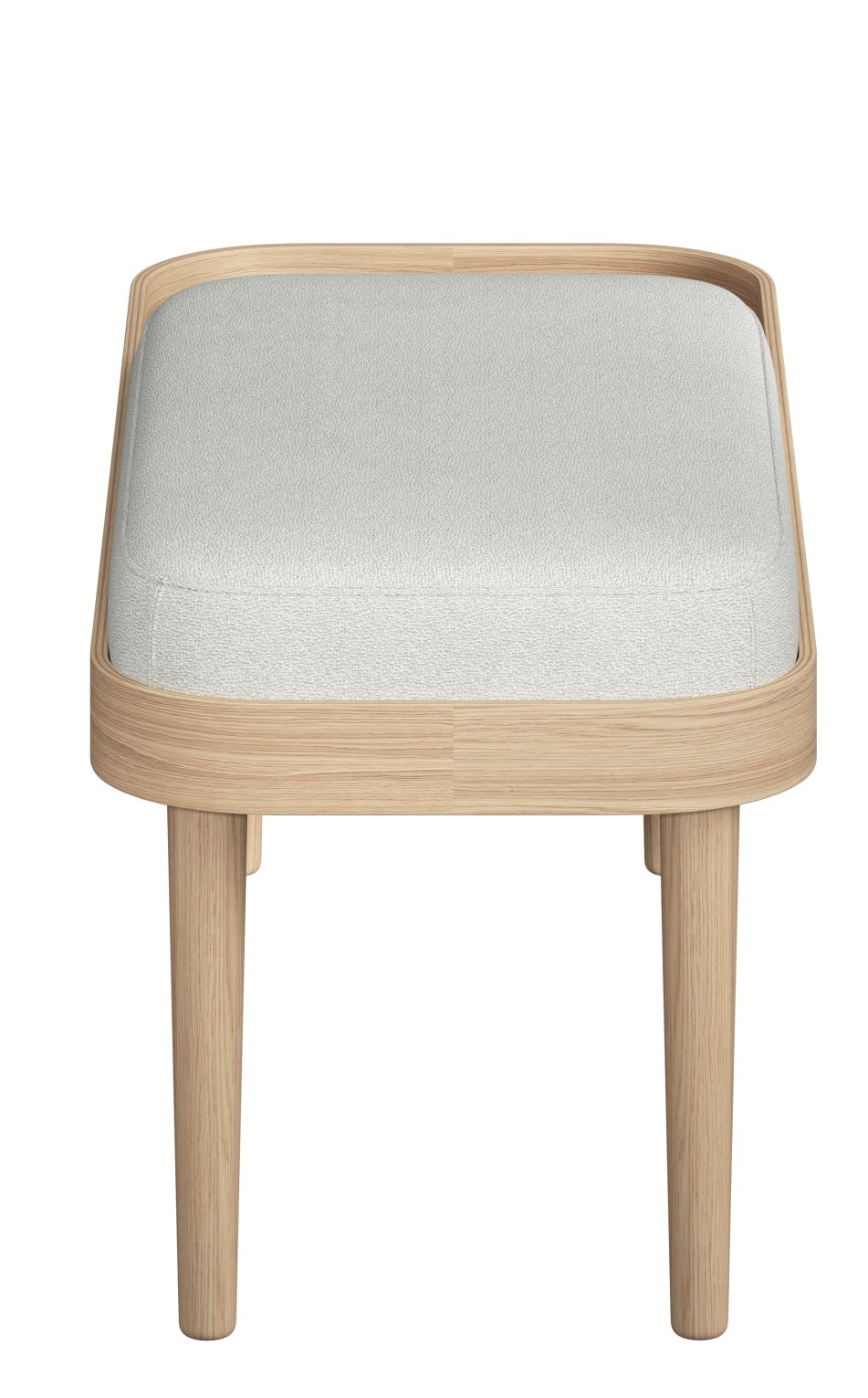 Serena Bank von Novoform: Hocker mit Eichenholzrahmen und gepolsterter, grauer Sitzfläche.